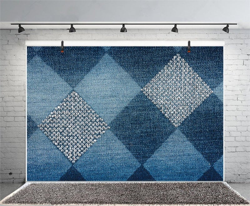 Laeacco 7x5ft Photography Background Jeans Inlaid Rhinestone Photo Booth Props Diamond Denim Background Slant Lattice Square Clothes Backdrops for Photography Portraits Fashion Photo Backdrop - Image 2